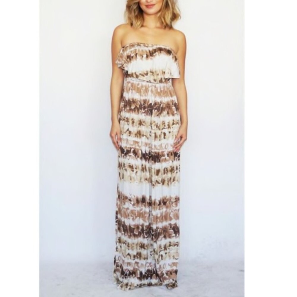 💛 Brown & White Floral Ruffle Tube Maxi S NWOT